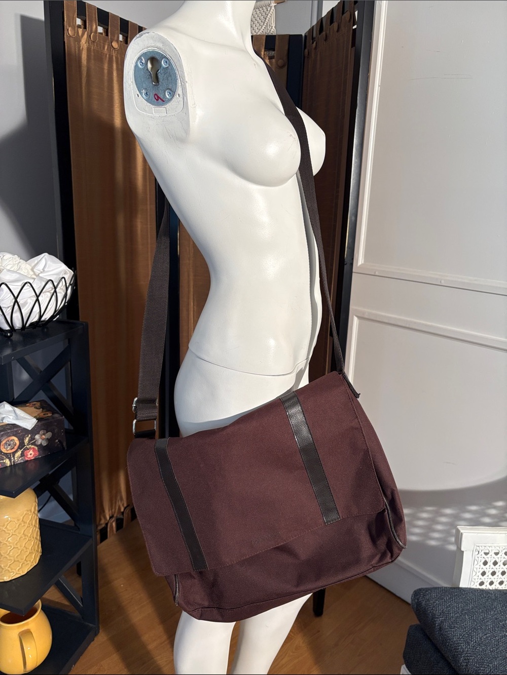 Calvin Klein Dark Brown Canvas Messenger Bag with Black Trim